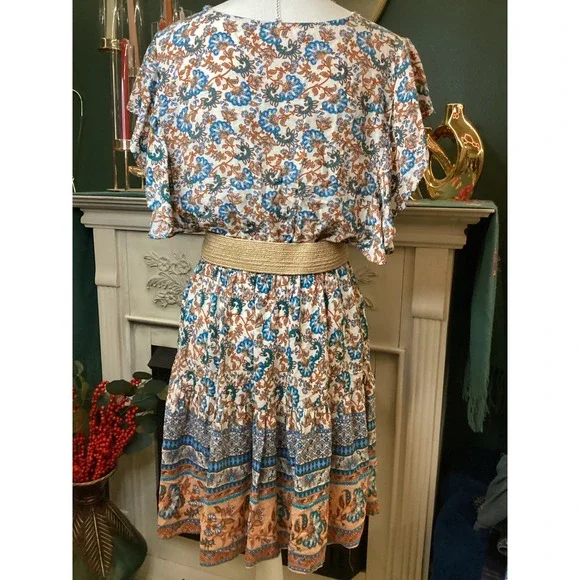 Umgee Boho Floral Paisley Mini Dress Sz Small Blue Orange - Picture 2 of 5